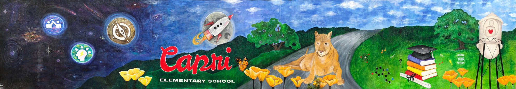 mural of cougar laying on a street below planets and clouds
