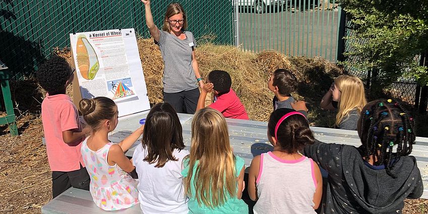 A teacher with students outside.