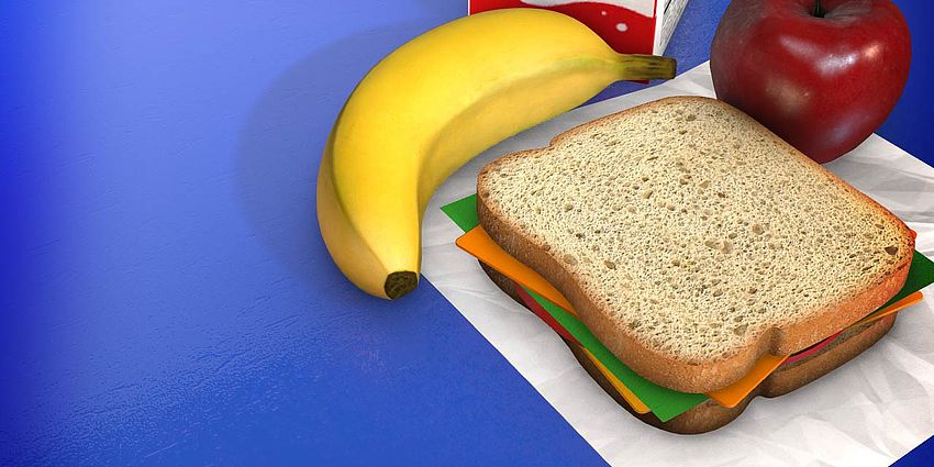 sandwich, banana, apple and milk