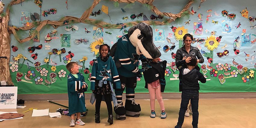 SJ Sharkie with students laughing