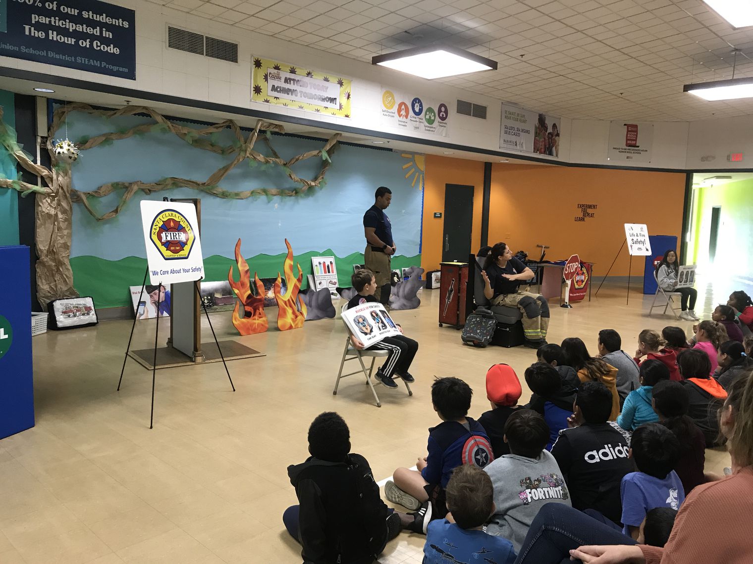 Students watching a Fire safety assembly