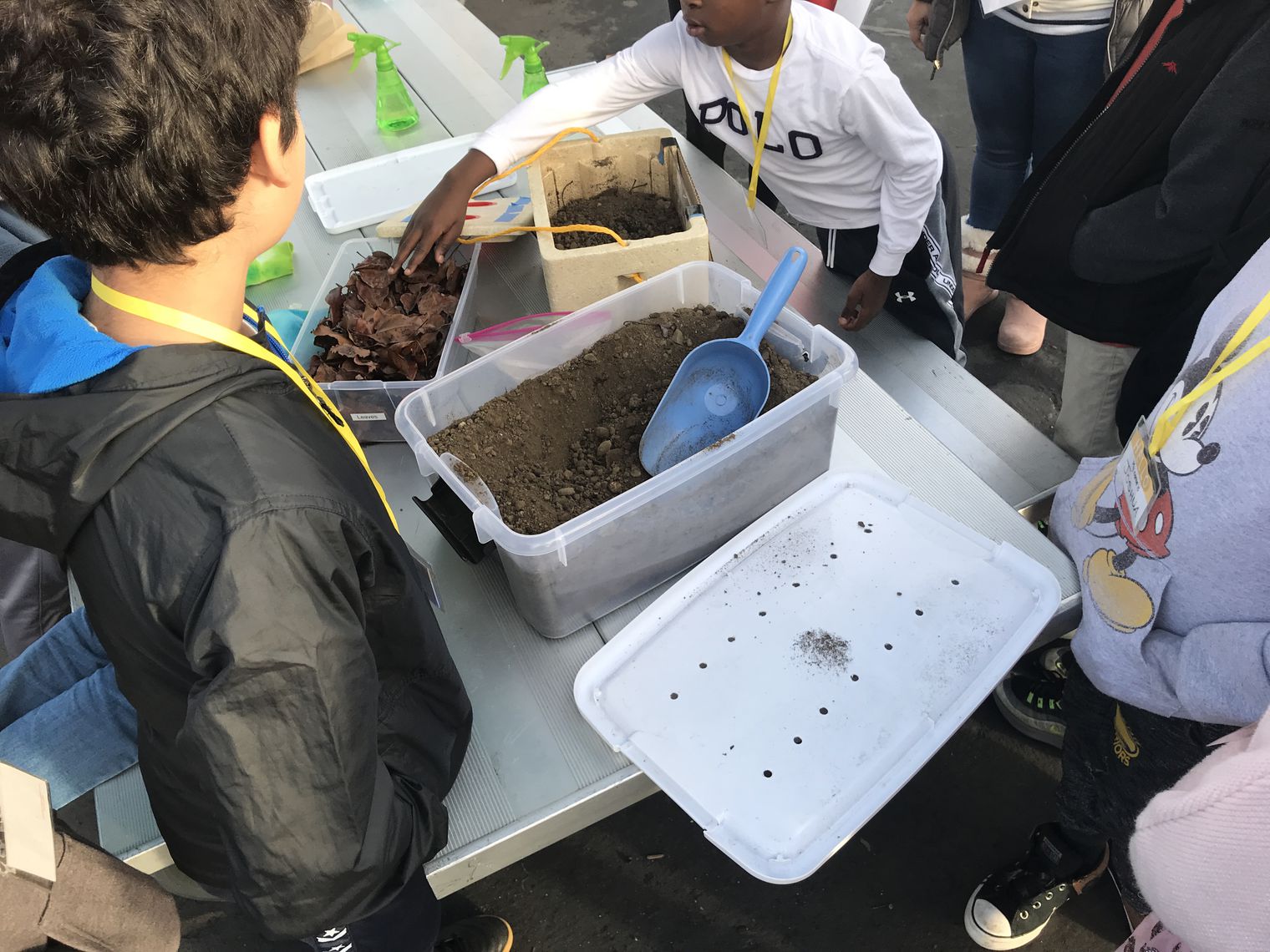 Students around a table with dirt bins