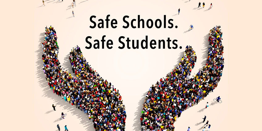 crowd in shape of two hands. Safe Students. Safe Schools.