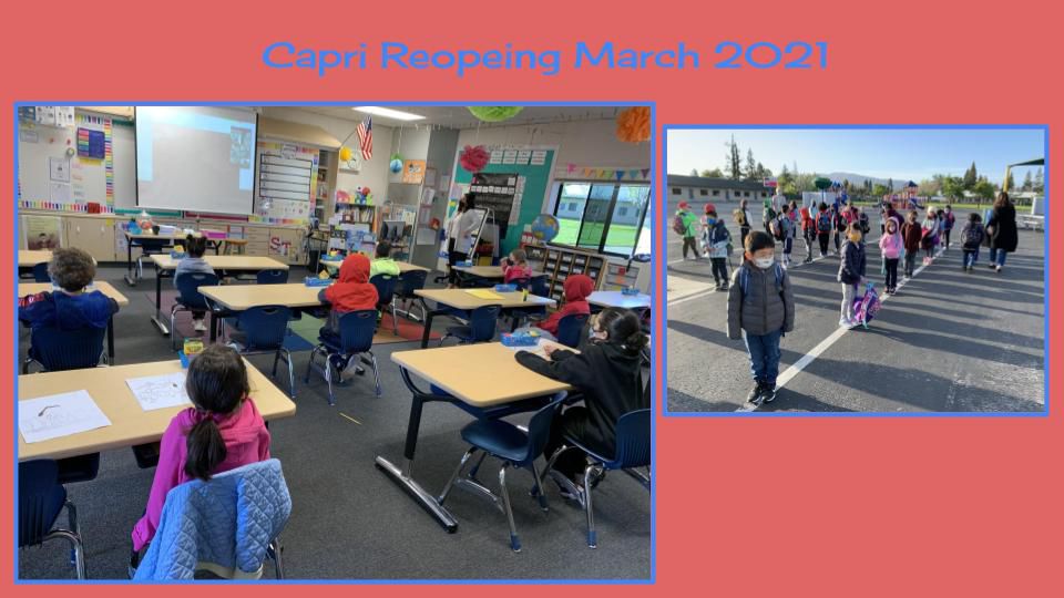 Students at desks in a classroom and students lined up outside