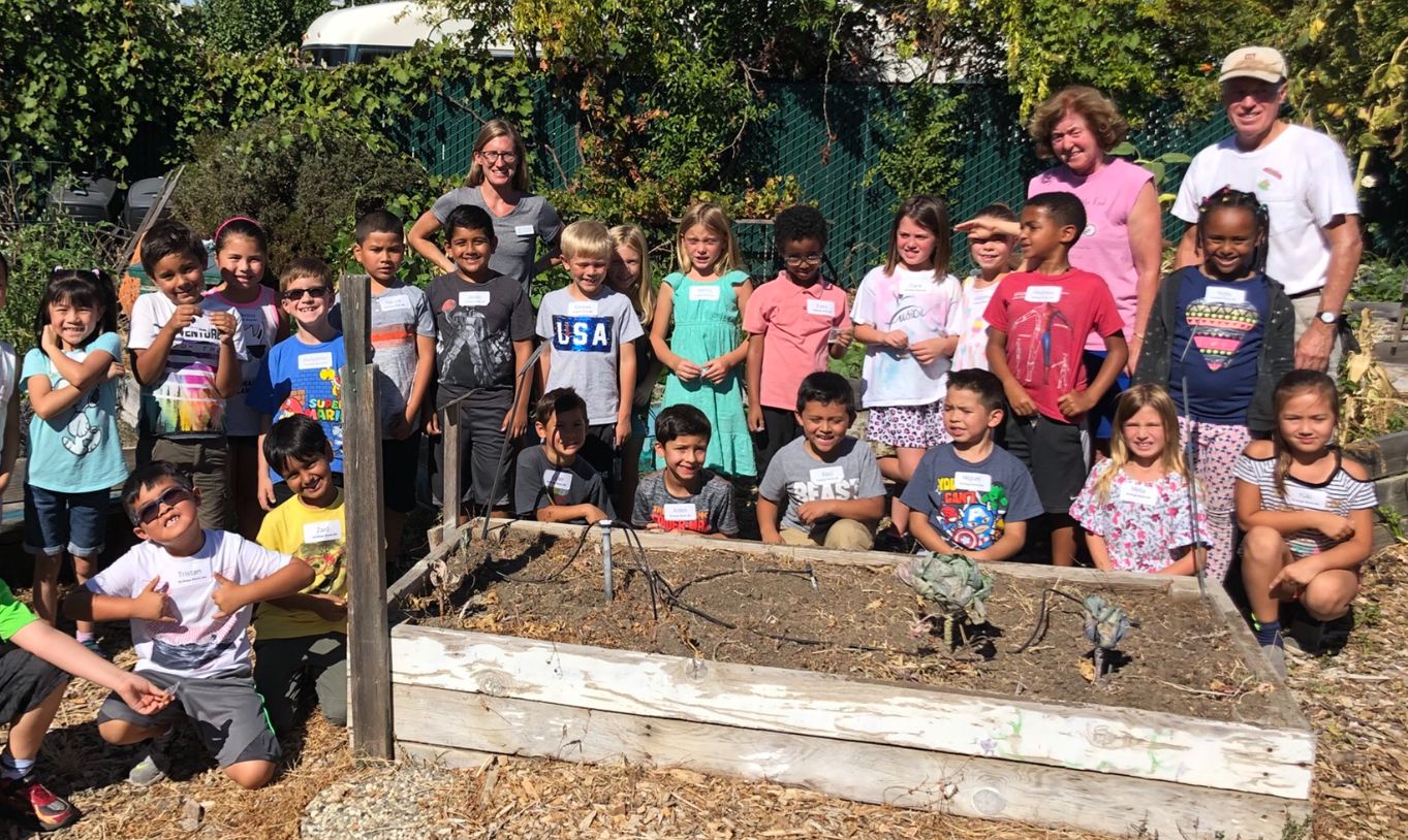 Students around a planter bos