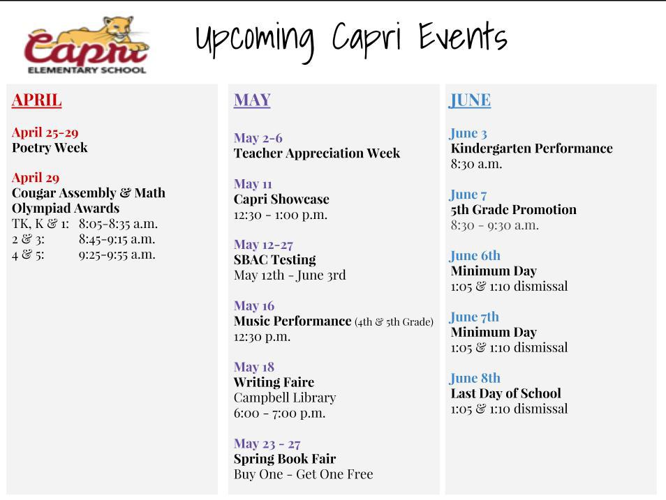 Mark Your Calendars! Capri Elementary School